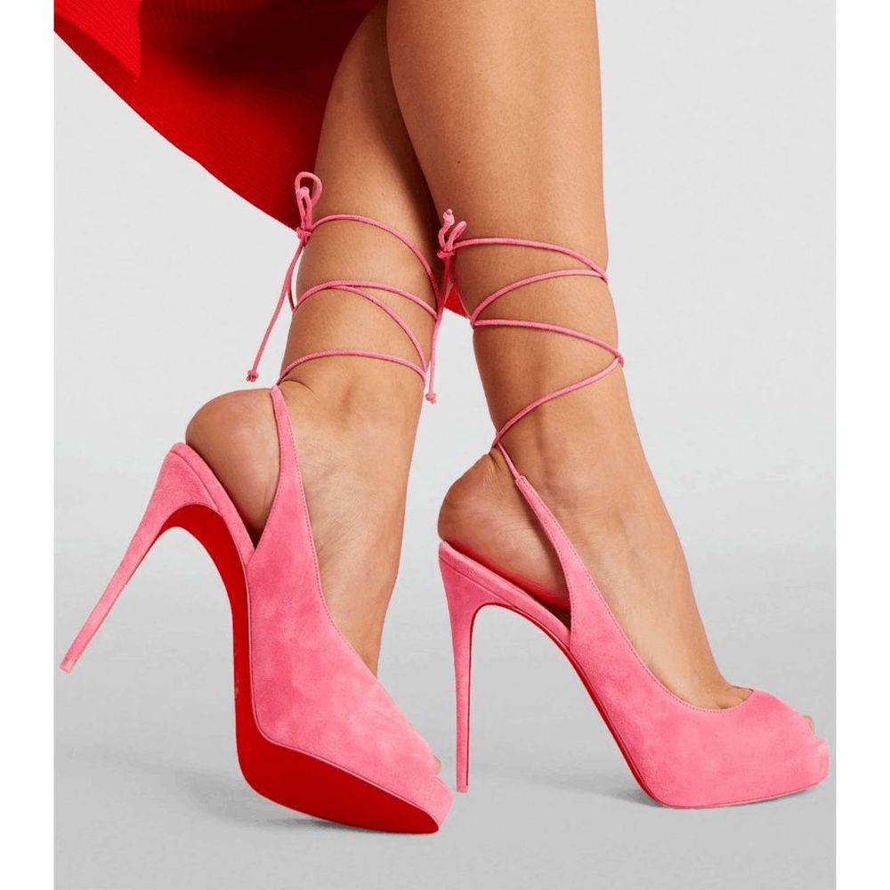 Christian Louboutin Lace Up NVP Suede Peep-Toe Pumps 120 Platform Pink Size 40
